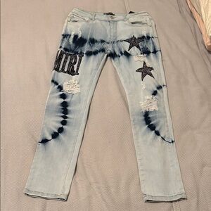 AMIRI Light Blue Tie-Dye Jeans with Star Patches